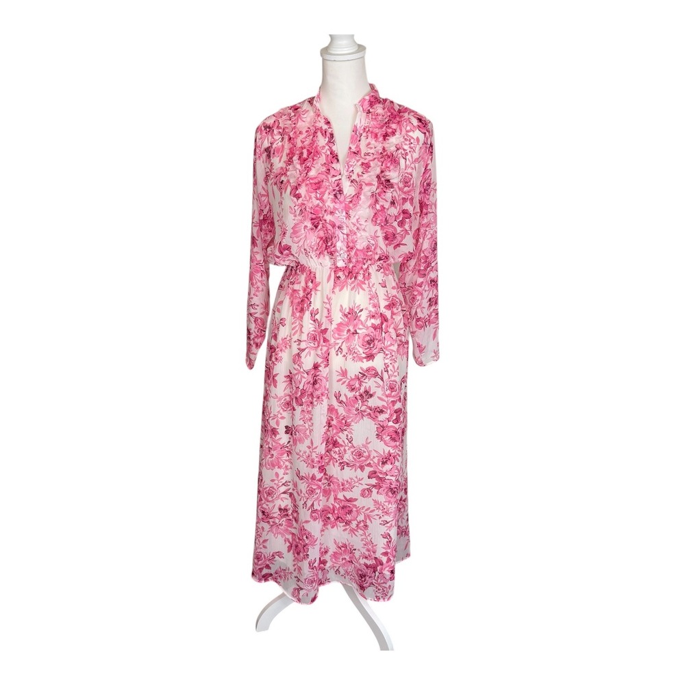 Zara Pink Floral Ruffle V-Neck Midi Dress Long Sleeve Elastic Waist Size XS